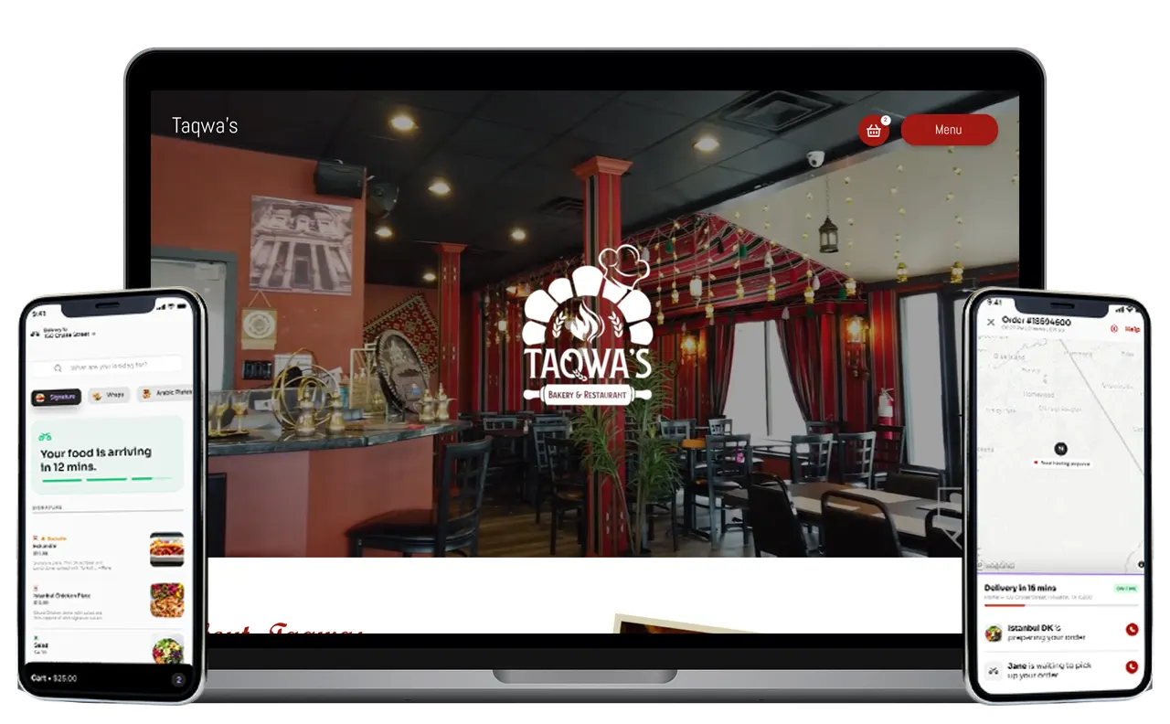 Desktop screen and smartphone for online food ordering app  and restaurant platform, digital restaurant platform