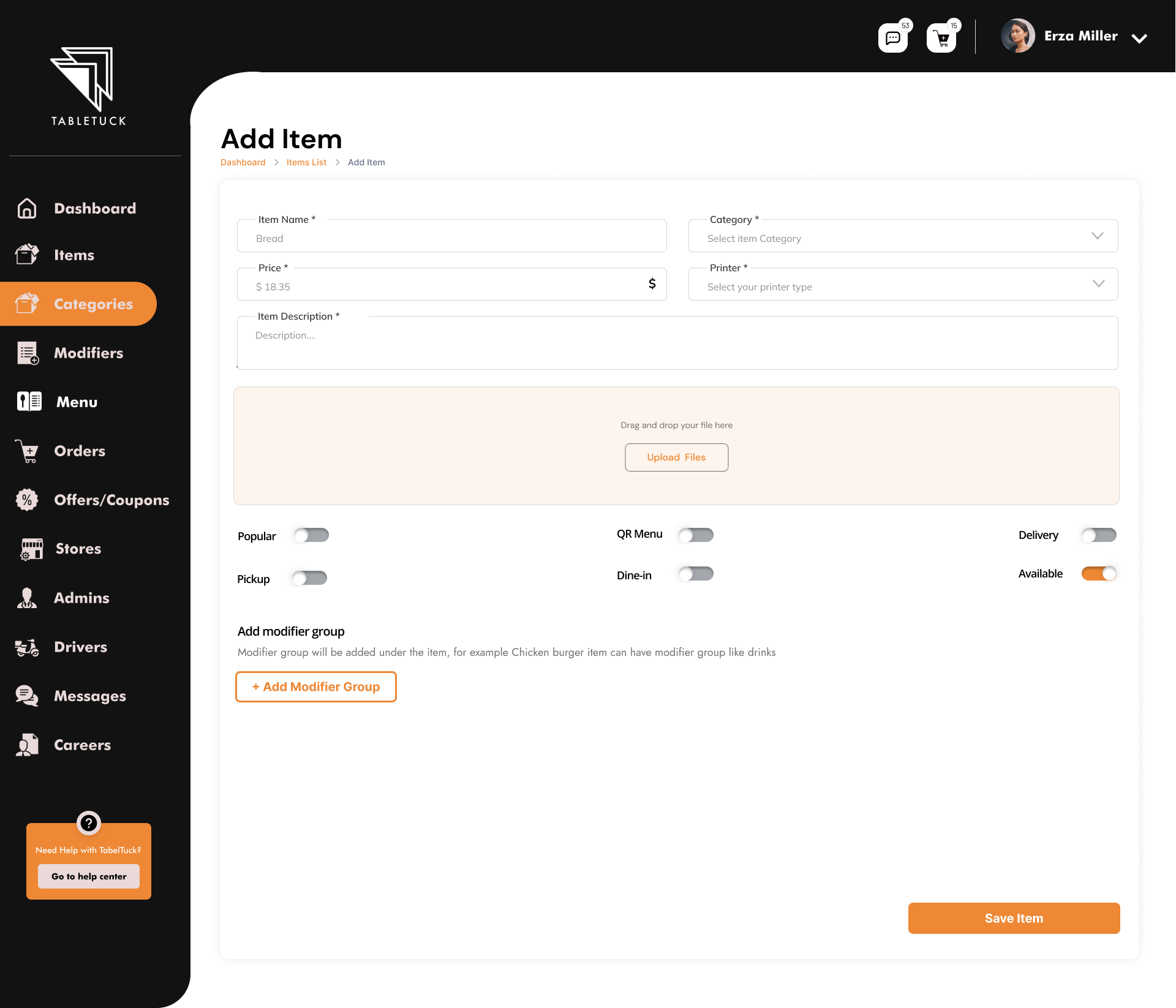 Adding Item to cart in Online Restaurant